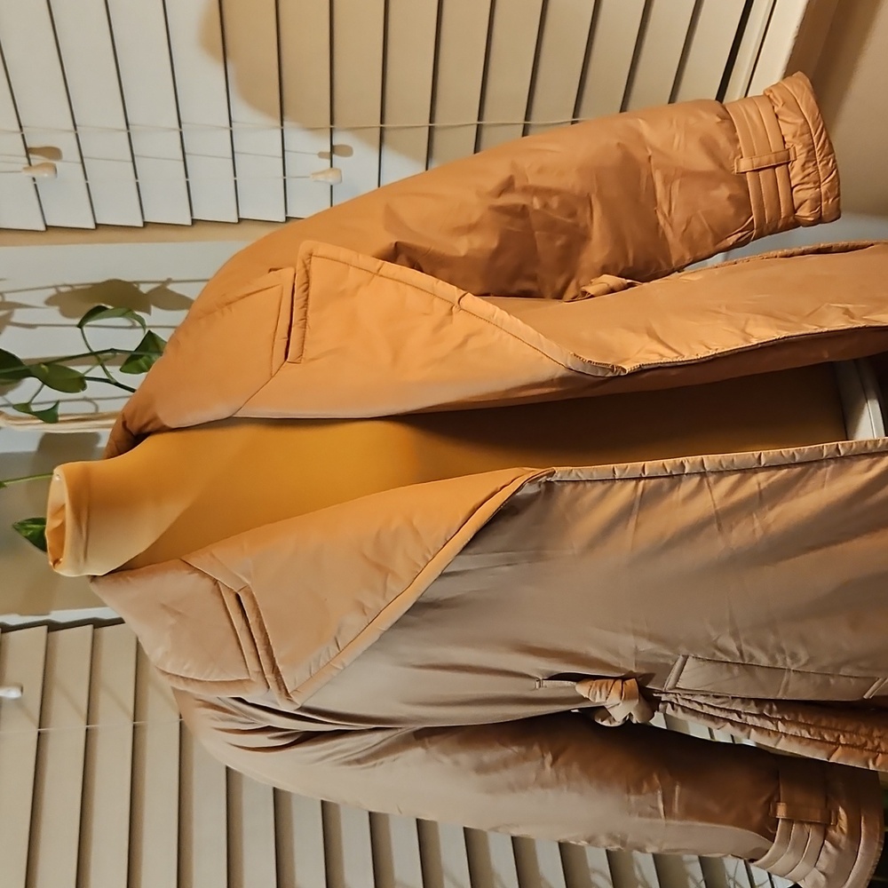 Express Camel Long Belted Puffer Trench Coat